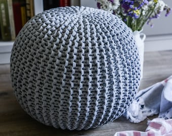 Gray pouf, Chunky knit pouf, Crochet ottoman, Floor cushion, Knitted pouf ottoman, Round footstool, Nursery pillow,  Large gray chunky pouf