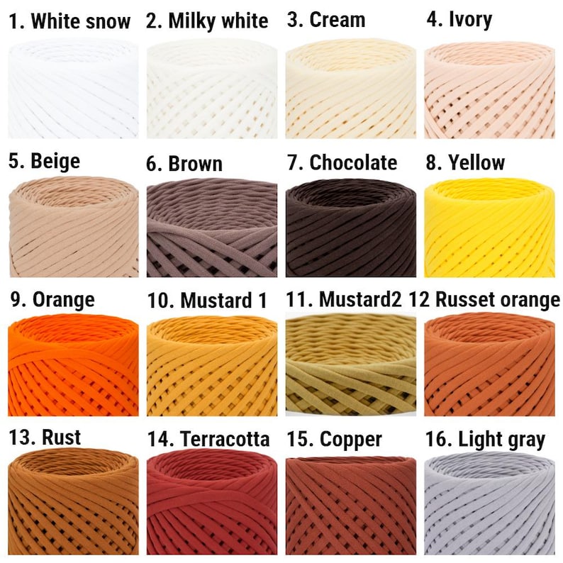 May include: A collection of 16 cotton yarn spools in various colors, including white snow, milky white, cream, ivory, beige, brown, chocolate, yellow, orange, mustard, russet orange, rust, terracotta, copper, and light gray.