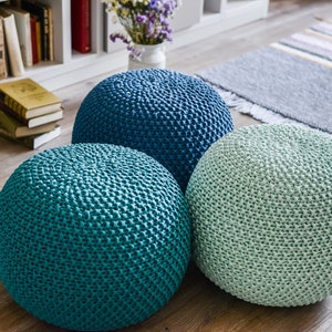 Light green knit pouf, Handmade pouf, Crochet round footstool, Knit large pouf, Floor ottoman, Pale mint large ottoman image 7