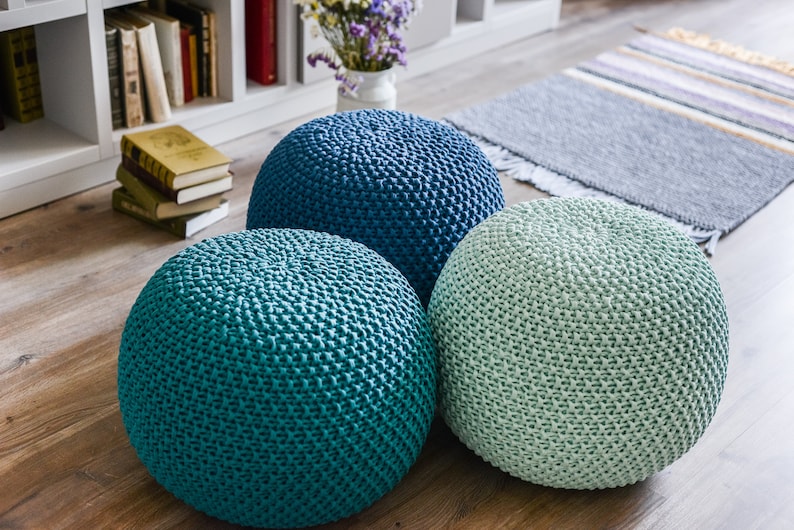 Light green knit pouf, Handmade pouf, Crochet round footstool, Knit large pouf, Floor ottoman, Pale mint large ottoman image 7