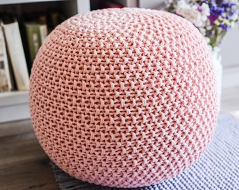 Peach knitted pouf, Crochet pink floor cushion, Knitted ottoman pouf, Round footstool, Nursery pouf, Many colors and sizes