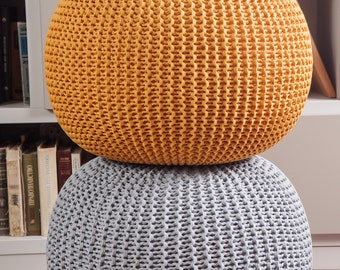 Gray knitted pouf, Crochet ottomans, Knit floor pillow, Knitted ottoman pouf, Round footstool, Floor cushion, Large gray pouf STUFFED