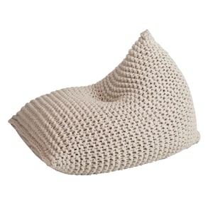 May include: A beige knitted bean bag chair. The chair is made of a thick, chunky knit fabric and has a relaxed, comfortable shape.