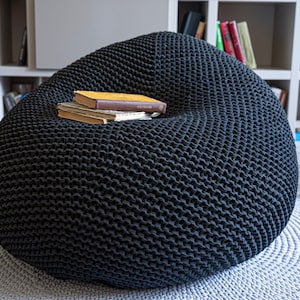 Giant beanbag chair, Knitted dark gray floor pillow, Reading accent chair, Chair for bedroom/living room, Dark gray knitted floor cushion