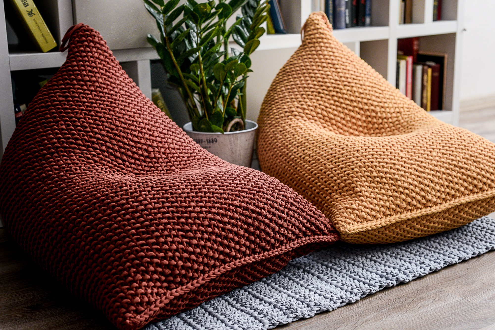 Unstuffed bean bag chair Knit mustard bean bag chair Wicker | Etsy