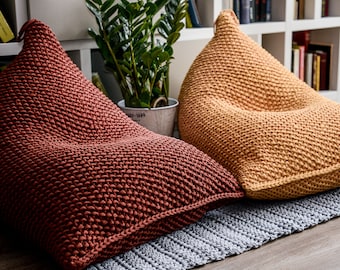 Adult bean bag chair, Knitted interior copper pouf, Floor pillow, 100% handmade, Available in 10 sizes and 37 colors, FILLED, Ready for use
