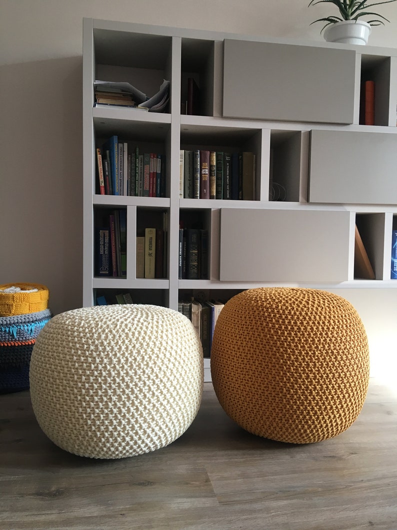 Knitted ivory/mustard pouf White pouf Stuffed pouf Ottoman Etsy