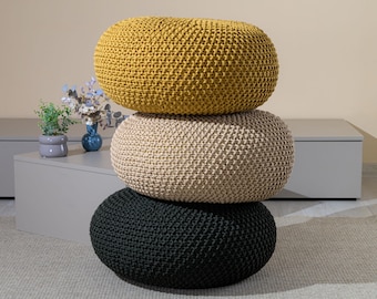 Knitted mustard floor pillow, Set of cushions, Filled, Ready to use, 38 colors, 30 cm (12'') in diameter, 16 cm (6'') in height, 100% cotton