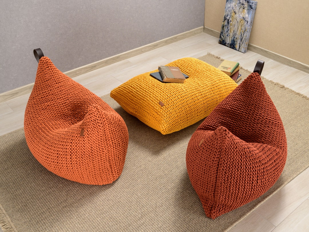 Copper Bean Bag Chair, Orange Living Room Chair, Gray Pillow Pouf