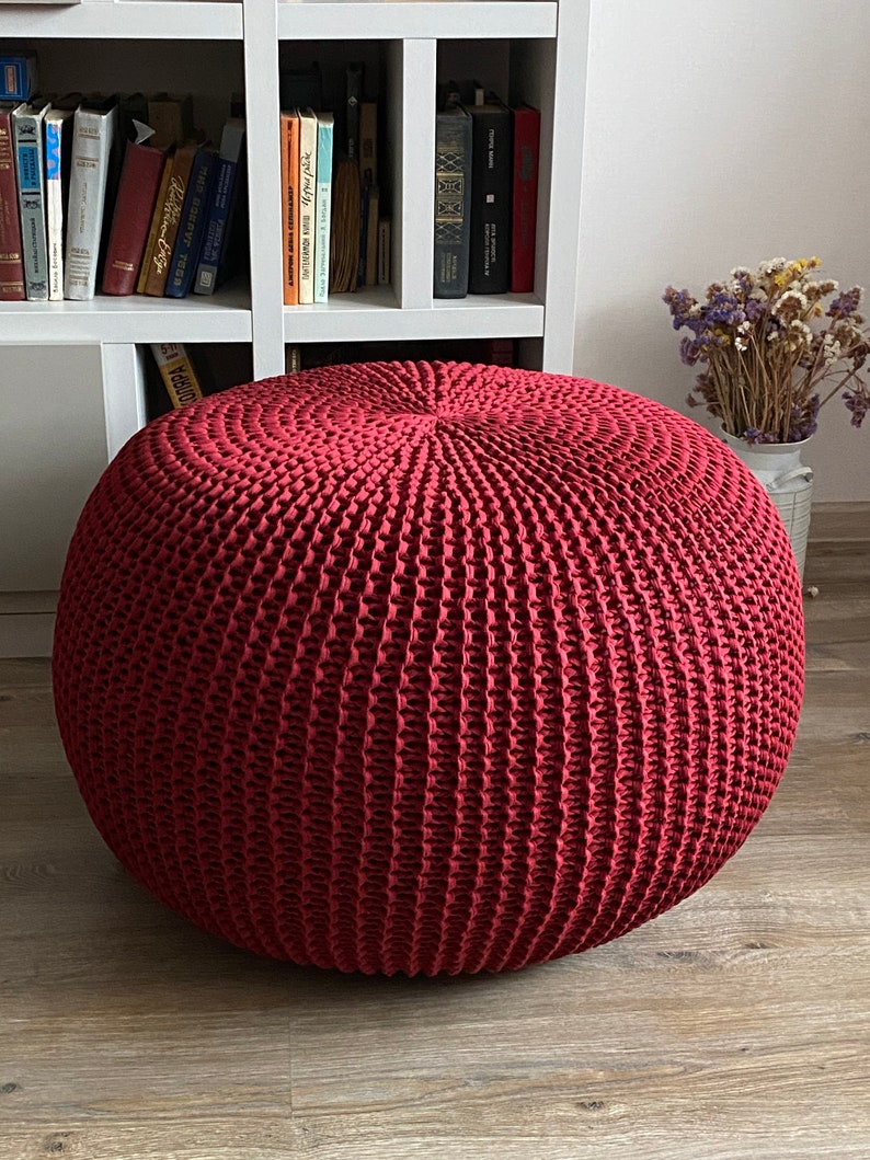 Knitted large bordeaux pouf, Chunky ottoman, Stuffed pouf, Lounge chair, Nursery pouf, Crochet pouf, Large pouf, Size and color choice image 8