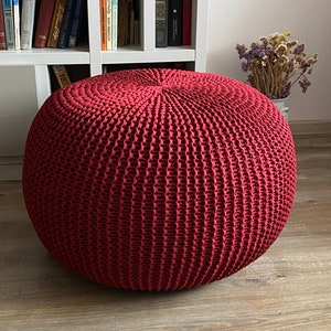 Knitted large bordeaux pouf, Chunky ottoman, Stuffed pouf, Lounge chair, Nursery pouf, Crochet pouf, Large pouf, Size and color choice