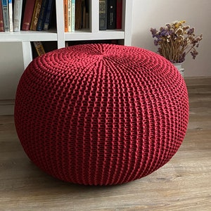 Knitted large bordeaux pouf, Chunky ottoman, Stuffed pouf, Lounge chair, Nursery pouf, Crochet pouf, Large pouf, Size and color choice image 1