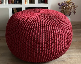 Knitted large bordeaux pouf, Chunky ottoman, Stuffed pouf, Lounge chair, Nursery pouf, Crochet pouf, Large pouf, Size and color choice