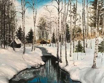 Original painting Spring Painting white birch Oil on canvas Wall art 25.6x17.7