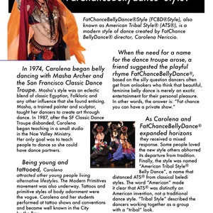 May include: A colorful image with text describing the history of FatChance Bellydance® Style, a modern dance style created by Carolena Nericcio. The image includes a photo of a woman in a colorful costume performing a belly dance move. The text describes the origins of the dance style, its evolution, and its name. The image also includes a photo of three dancers in colorful costumes performing a belly dance move.