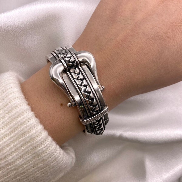 Scott Kay Sterling Silver Basketweave Diamond Cuff Belt Bangle