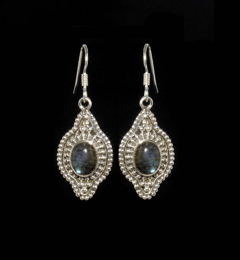 39x14mm 925 Sterling Silver Oxidized Natural Labradorite Earrings Gemstone Earrings Handmade Artisan Jewelry Christmas Gift Gift Idea