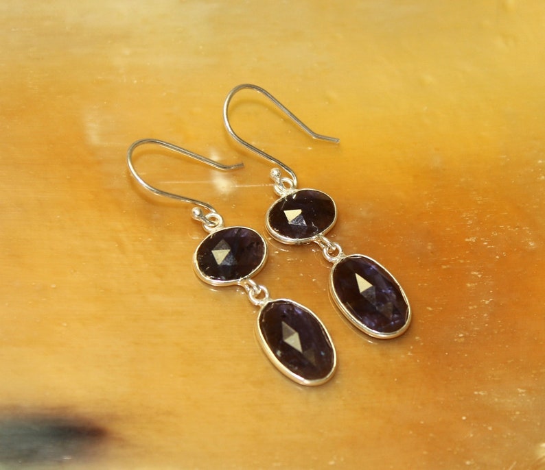 1.81 Natural Iolite Earrings Sterling Silver Bezel Set Earrings Two Tier Faceted Gemstone Earrings Gift For Her Christmas Gift BZ45