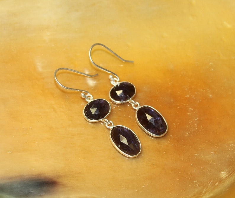 1.81 Natural Iolite Earrings Sterling Silver Bezel Set Earrings Two Tier Faceted Gemstone Earrings Gift For Her Christmas Gift BZ45