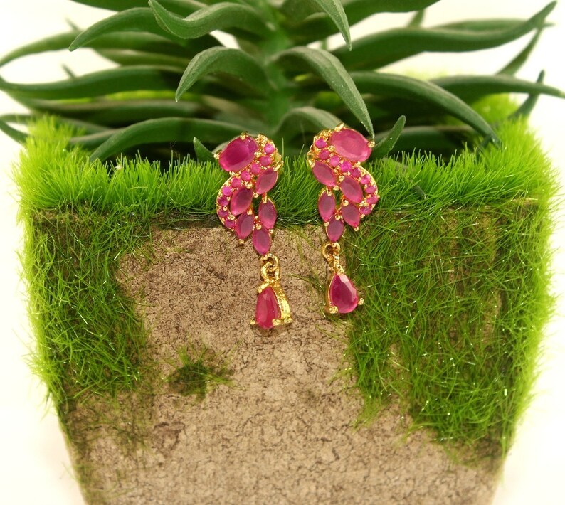 Prong Set Earrings Bridal Wedding Earrings 22kt Gold Plated Faceted Ruby Pink Stone Earrings w Backings Gift Idea EZ01 Gemstone Jewelry
