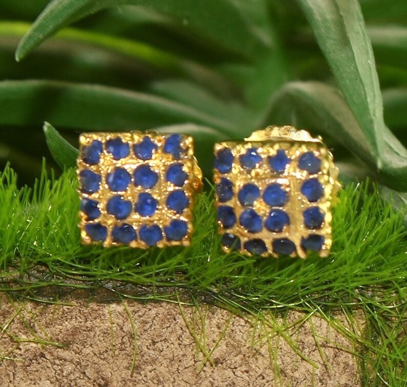 Gemstone Earrings Everyday Jewelry Prong Set Earrings Gift Idea 22kt Gold Plated Faceted Blue Sapphire Stone Stud Earrings w Backings
