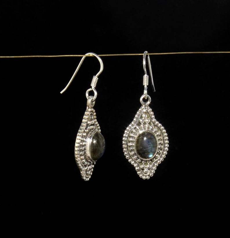 39x14mm 925 Sterling Silver Oxidized Natural Labradorite Earrings Gemstone Earrings Handmade Artisan Jewelry Christmas Gift Gift Idea