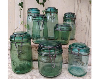 Stunning Green Antique French Storage Jars ~ "L'IDEALE" ~ "SOLIDEX" ~ Handblown Glass Kitchen Containers ~  French Cottage Kitchen Decor ~