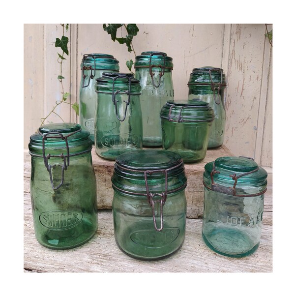 Stunning Green Antique French Storage Jars ~ "L'IDEALE" ~ "SOLIDEX" ~ Handblown Glass Kitchen Containers ~  French Cottage Kitchen Decor ~