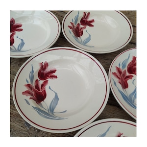 4 French Stencilware Plates ~ "Tulipes" ~ Retro Antique French Dining ~ Floral Hollow French Plates ~ Soup/Dessert Plates ~ Digoin ~