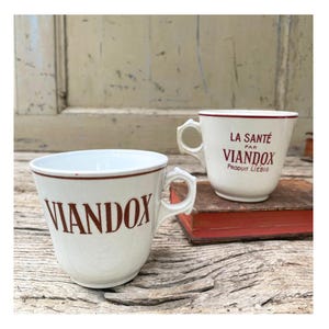 Pair of 1920&#39;s/50&#39;s Viandox French Bistro Coffee Mugs Brulôt ~ French Antique Brulôt White Cafe Cup ~ French Porcelain Parisian Cafe Ware ~