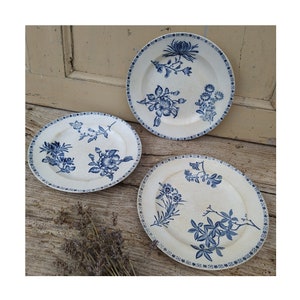 3 placas antiguas de piedra de hierro francesas - Boch Frères Kéramis "Printemps" - Transferware azul, comedor francés, Terre de Fer, Shabby Chic