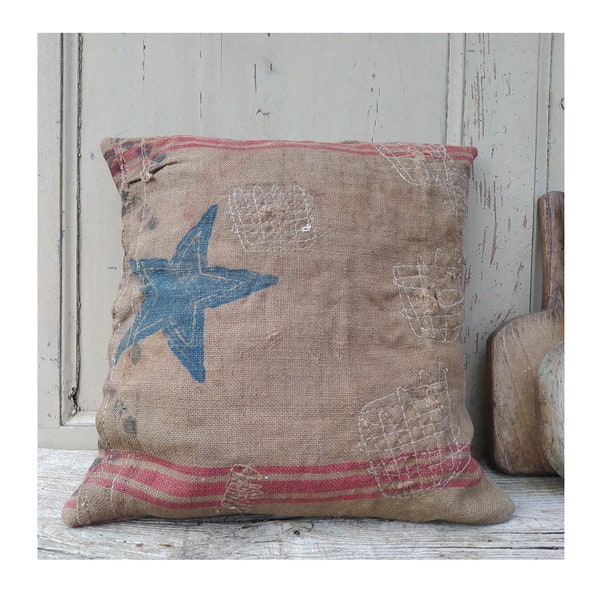 Star Grain Sack Cushion Cover ~ French Antique Throw Pillow ~ 45cm/18" ~ Farmhouse Primitive Decor ~ French Home Decor ~ Hessian Cushion