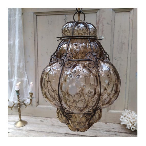 Antique Murano Glass Lantern  ~ Venetian Pendant Light ~ Ironwork Cage
