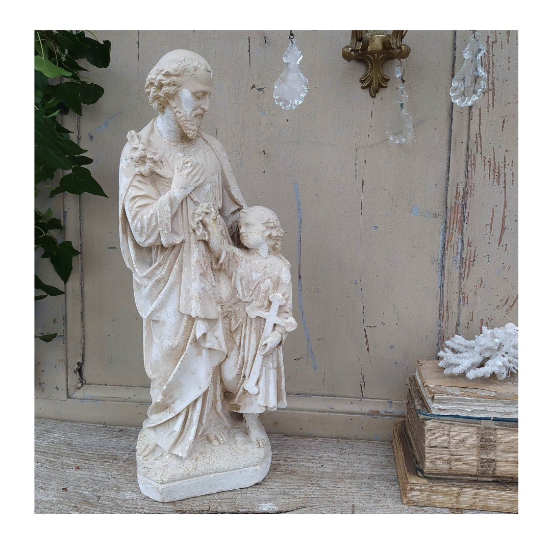 Antique French Saint Joseph and Jesus Statue Polychrome Plaster