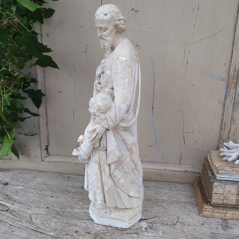 Antique French Saint Joseph and Jesus Statue Polychrome Plaster