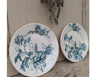Antique French Ironstone Plates: Rose de Noel Transferware ~ Blue and White Floral Dining Plates