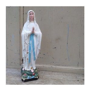 Antique French Mother Mary Statue ~ Virgin Mary Signed Sculpture ~ Antique Religious Sacred Heart Decor ~ 1900&#39;s Chalk Ware ~Catholic Statue