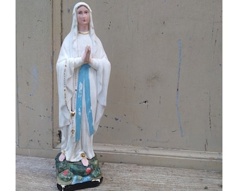 Antique French Mother Mary Statue: Signed Virgin Mary Chalkware Sculpture