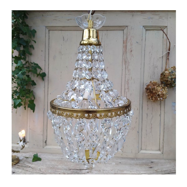 Lustre panier ancien en cristal, France ~ Plafonnier vintage français ~ Éclairage de style château ~ Lustre pendentif en cristal ~ Décoration Empire