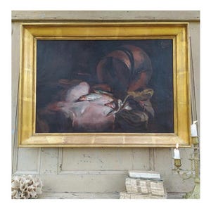Large Antique French Still Life Oil Painting: Fish and Pot, Gilt Frame, Signed Art