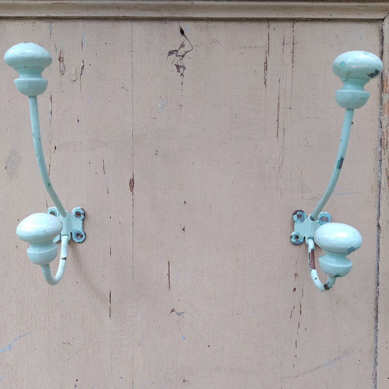 2 Large French Vintage Coat Hooks Chippy Painted French Door Hooks