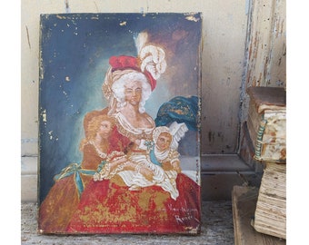 Petite peinture à l'huile de portrait Français antique ~ Original peinture ancienne signée des années 1800 ~ copie d'Elisabeth Vigee Le Brun ~ Art Français ~