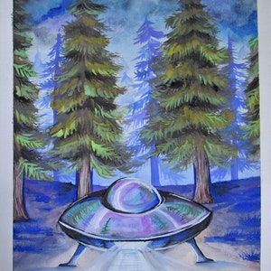 UFO, aliens, art, artwork, watercolor, print, poster, home decor, UFOs, aliens, space, gifts, gift ideas, ancient aliens, sci-fi