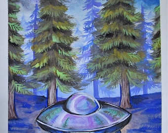 UFO, aliens, art, artwork, watercolor, print, poster, home decor, UFOs, aliens, space, gifts, gift ideas, ancient aliens, sci-fi