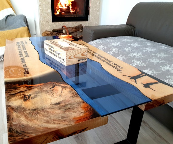 The Lion Of Judah Coffee Table Blue Glass Live Edge Judah Coffee Table Blue Glass Live Edge, Wood Lion Coffee Table