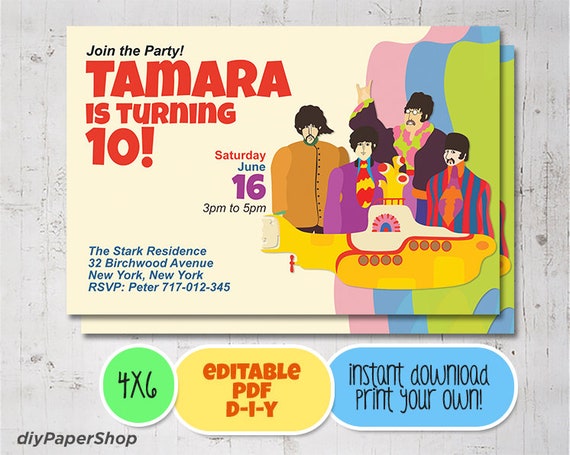 Beatles Birthday Invitation Abbey Road Yellow Submarine Etsy