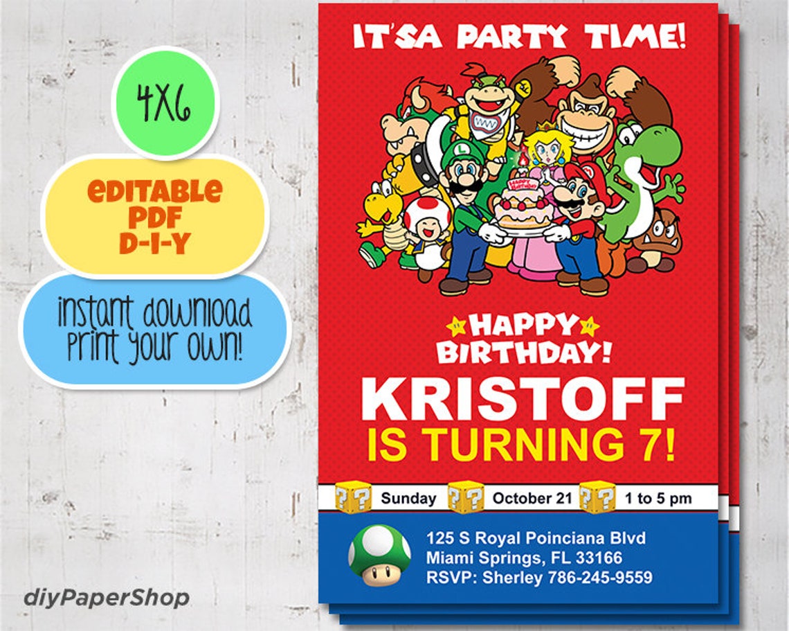 Super Mario Brothers Invitation Birthday Invitation Super Etsy