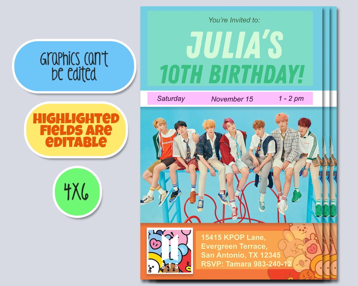 BTS Invitation DIY Printable Kpop invite bt21 invitation | Etsy