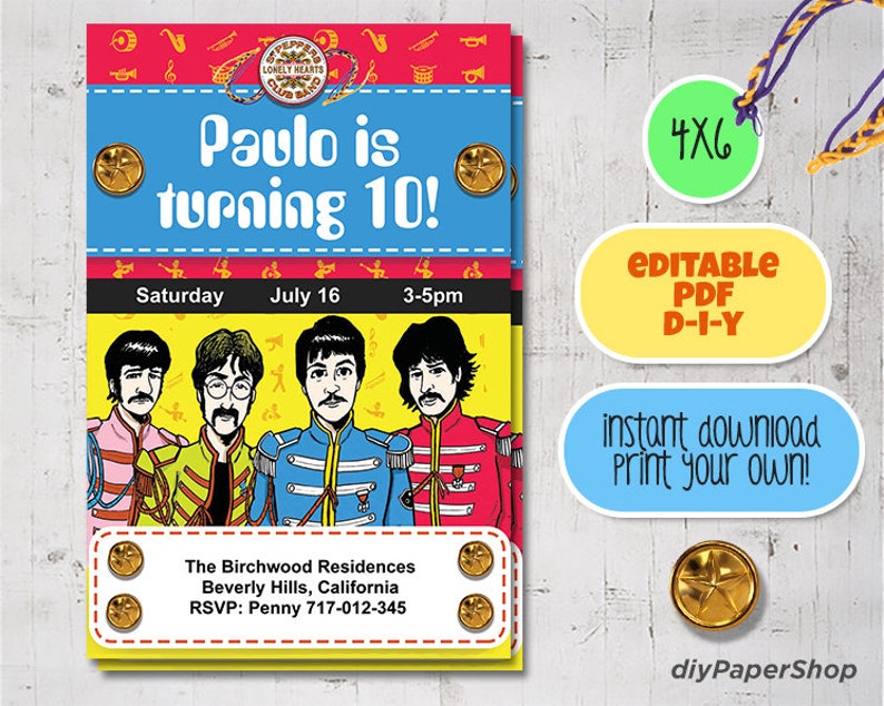 Beatles Birthday Invitation Sgt Pepper S Yellow Etsy