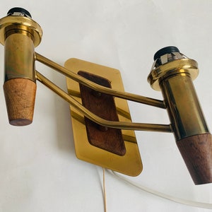 Scandinavian 1960 sconce wall lamp brass and wood